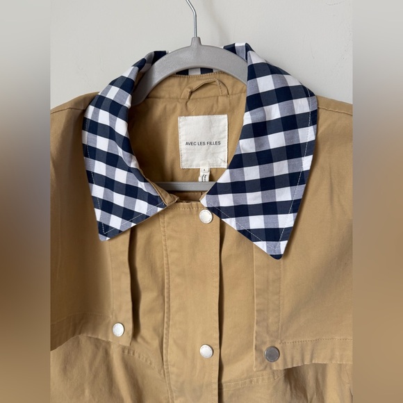 Viral Avec Les Filles tan blue gingham cape trench jacket - Picture 3 of 4